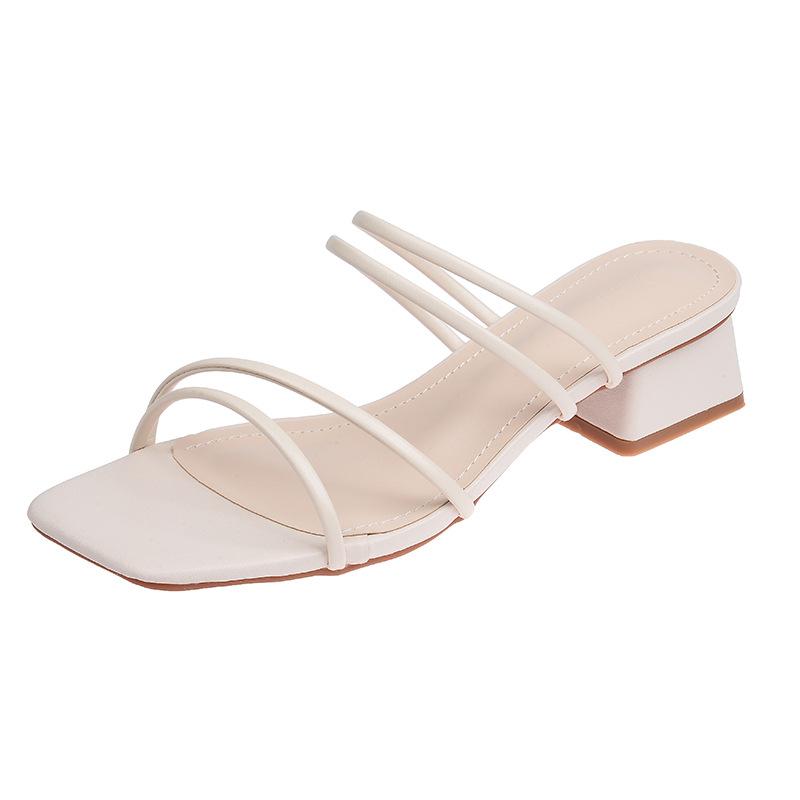 Fashion solid color narrow band slippers women med-high heels slides outdoor footwear ladies sandalia summer dress shoes woman flipflops