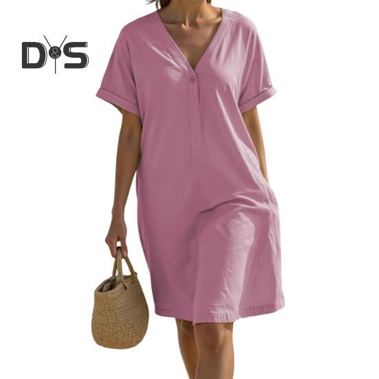 

Женское повседневное платье-футболка с V-образным вырезом и коротким рукавом, свободное платье, летний пляжный сарафан для путешествий и отпуска S горячий розовый