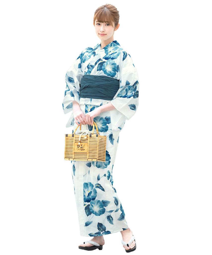 SOUBIEN Yukata Set One Size Fits Poppy Flower Women's 2-Piece (Yukata/Heko Obi), Cotton, All, White, Navy, Blue,