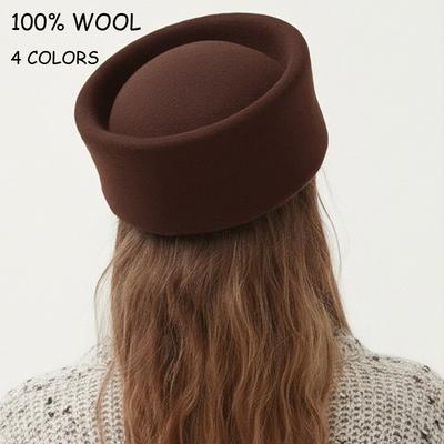 Women 100% Wool Felt Berets Vintage Hard Concave Top Fedoras Hats Wedding Fascinator Hats Cocktail Party Bridal Pillbox Cap