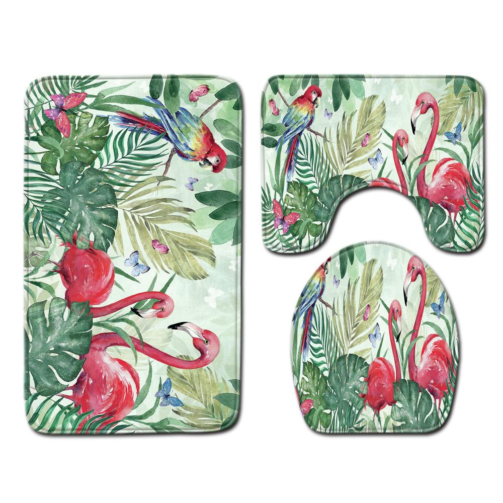 European And American Style Pink Cute Animal Flamingo Floor Mat Carpet Girl Heart Hand-Painted Illustration Toilet Three-Piece Set