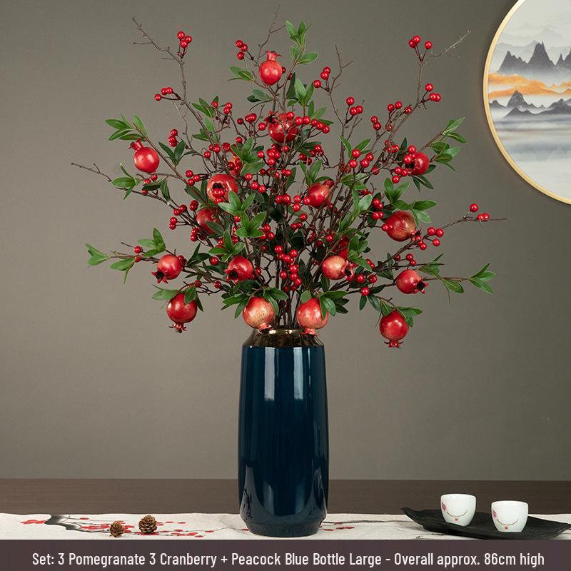 High-End Artificial Pomegranate Flower & Fruit Tree Branch Arrangement for Living Room or Dining Table Decor.
