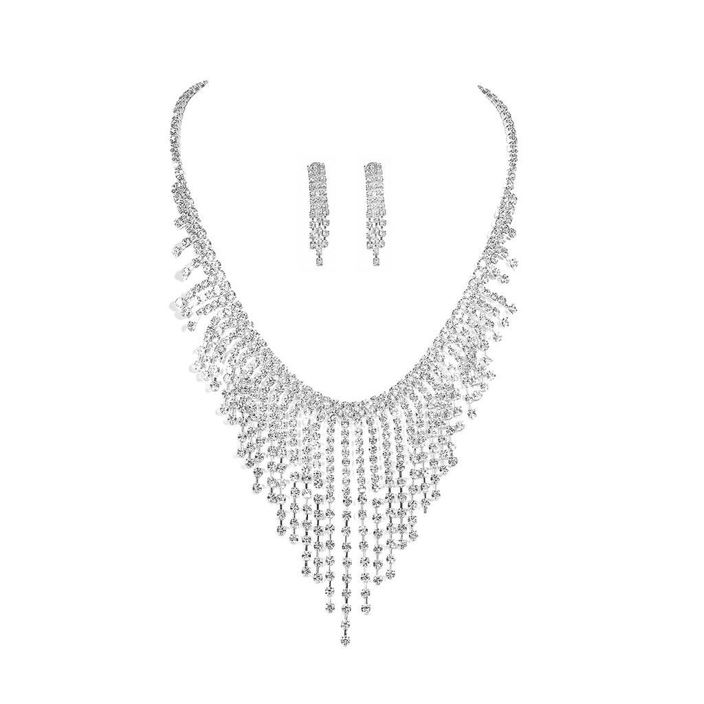 Explosive Set Luxury Shiny Rhinestone Necklace Earrings Two-piece Set