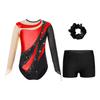 Girls Dance Long Sleeve Round Neck Leotard Patchwork Cutout Back with Shorts Hair Tie Headwear Set