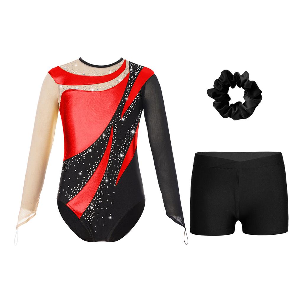 Girls Dance Long Sleeve Round Neck Leotard Patchwork Cutout Back with Shorts Hair Tie Headwear Set