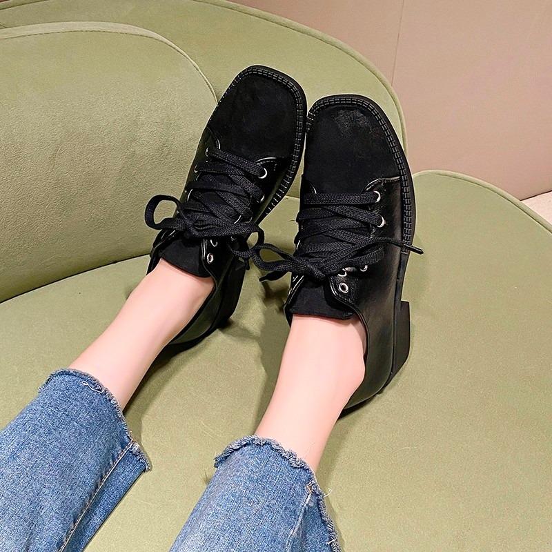 Fashion Autumn New Coarse Heel Shoes Women's Fashion Square Head Suede Front Lace-up Anti-slip Wear-resistant Low-top Shoes