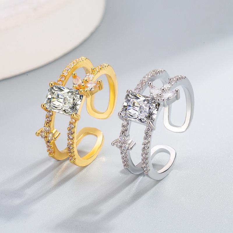 Zircon Square Round Open Ring - Elegant Retro Index Finger Jewelry for Trendy Work and Commute