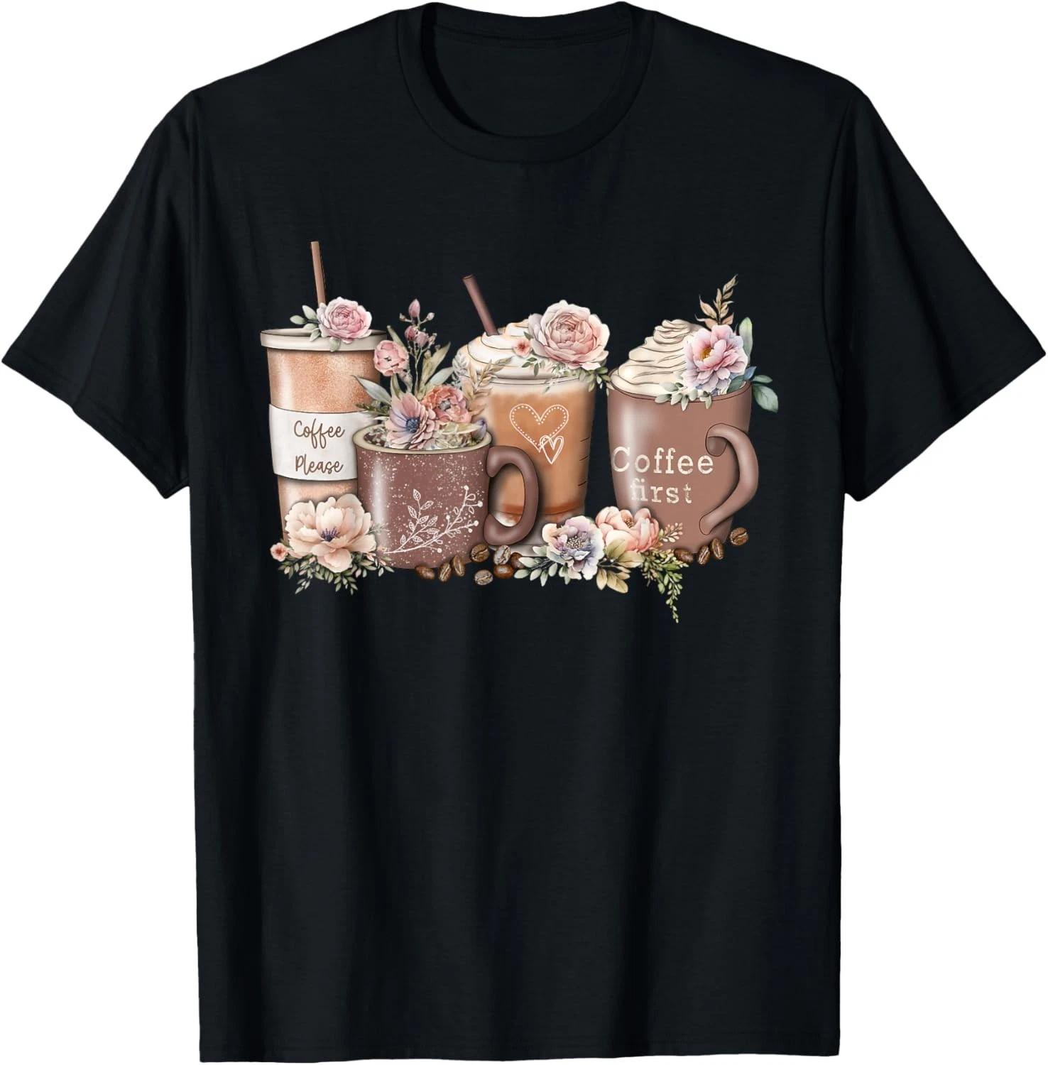 

Floral Coffee Cup Iced Latte with Spring Flowers Gift Unisex T-Shirt S
