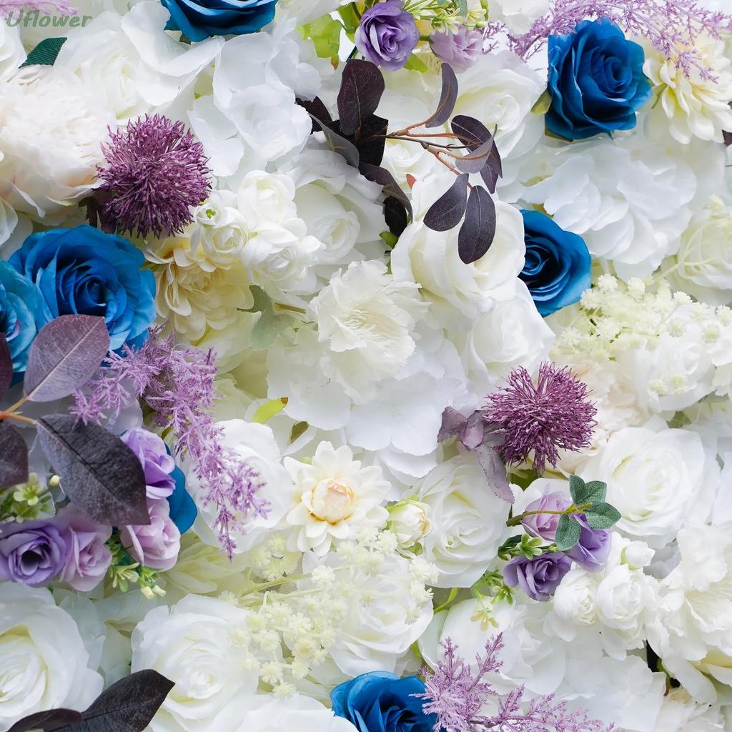 Uflower Artificial Flower Wall Roll-Up White & Purple Fabric Floral Backdrop for Wedding Event Party Decorations Curtain
