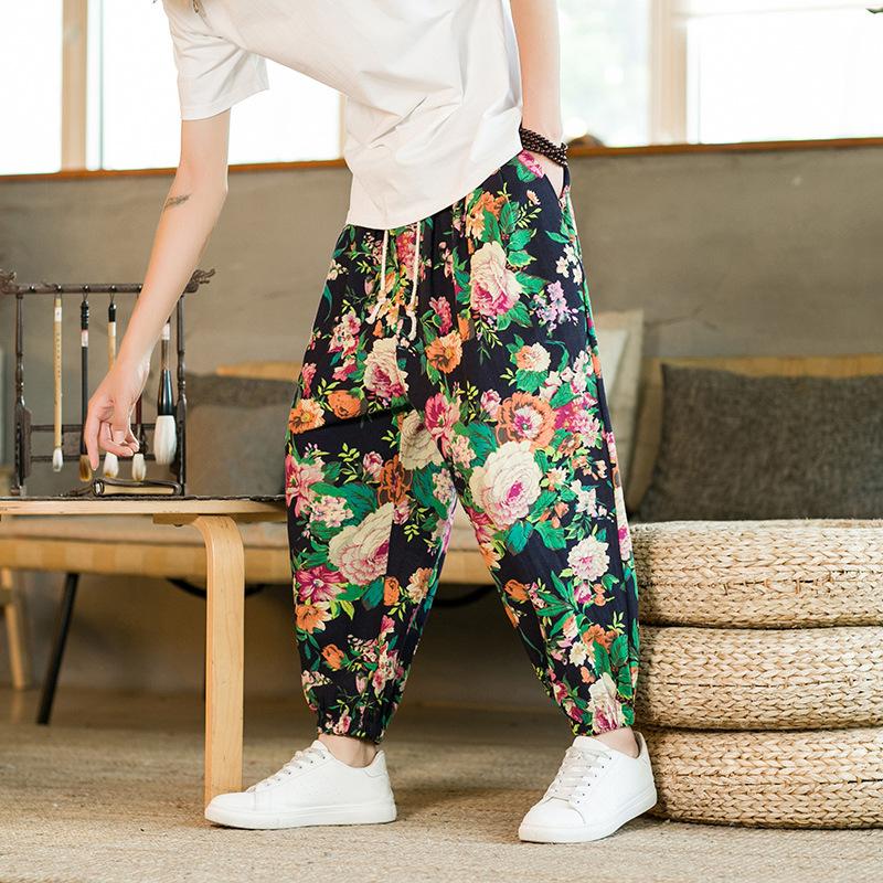 Summer new Chinese style men's casual color matching pants cotton and linen loose bloomers cross-pants P