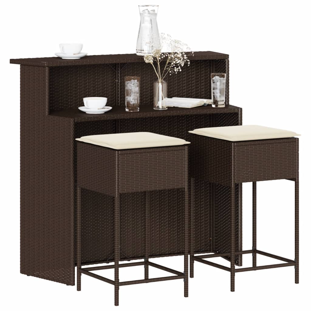3 Piece Garden Bar Set with Cushions Brown Poly Rattan
