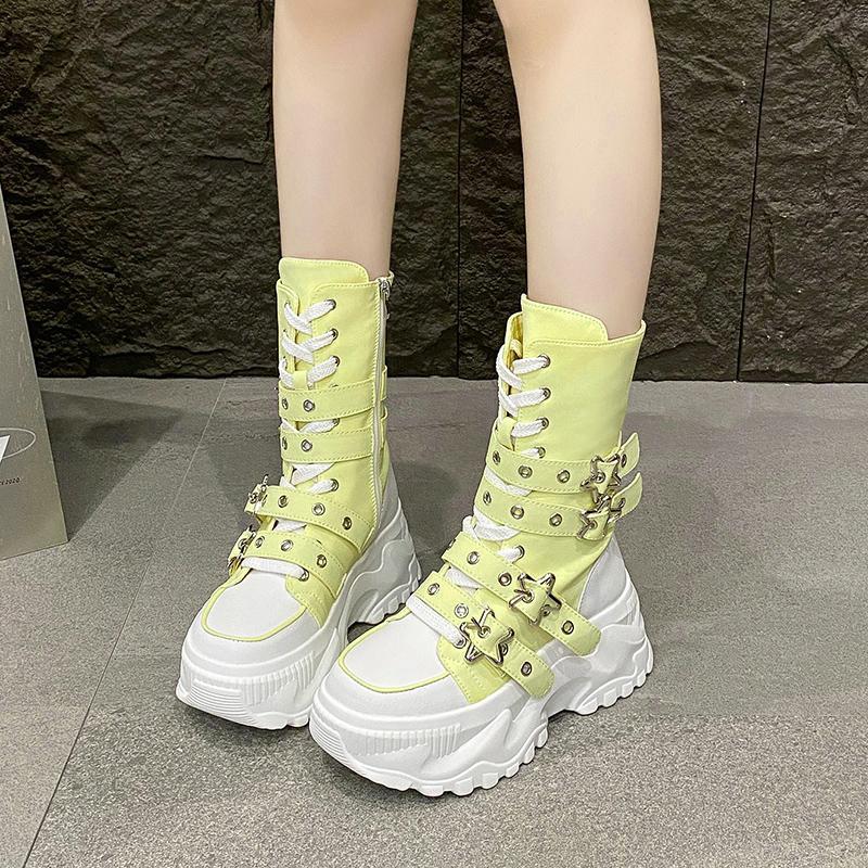Single Boots Autumn New Round Toe Front Lace-Up Platform Non-Slip Mid-Tubular Boots