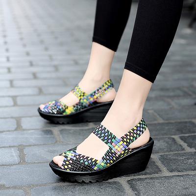 Women Summer Elevator Braid Beach Sandals Women Slip On Outdoor Thick Sole Platform Sandals Plus Size