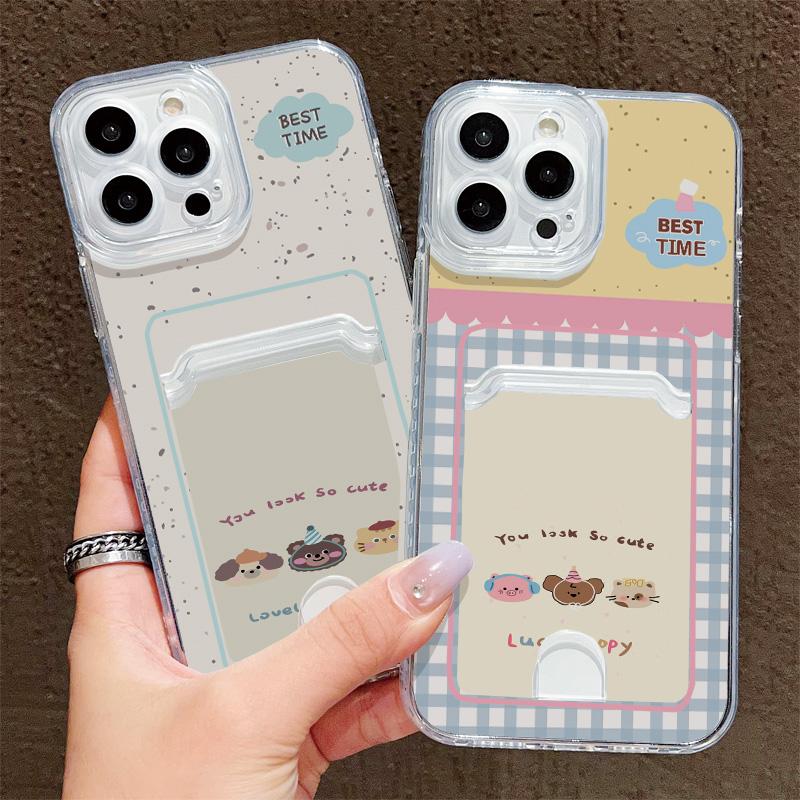 Card Slot Holder Silicone Wallet Pocket Case For Xiaomi Redmi Note 13 14 Reno 12F 13F iPhone 16 17 Samsung S23 S24 S25 Ultra Cover Clear Phone Bumper