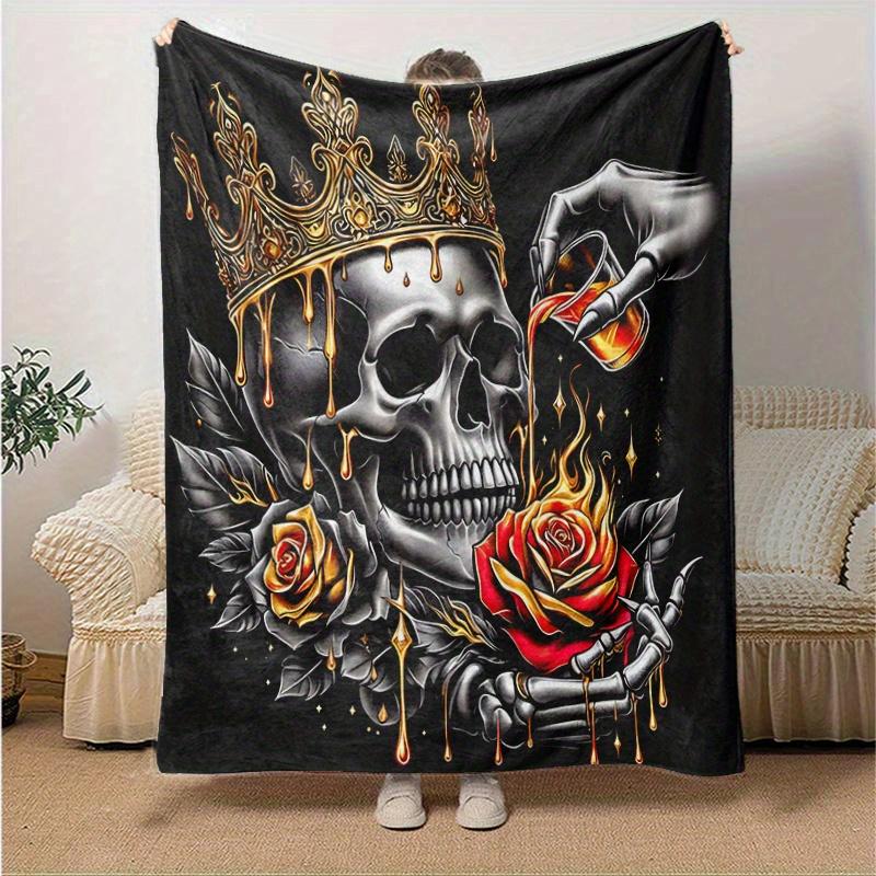 1ks Zlatá korunovaná lebka s růžemi deka Měkký přehoz na dekoraci pokoje, Perfektní dárek