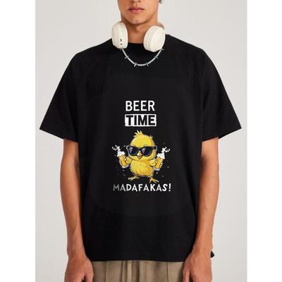 Weißes T-Shirt mit Bierzeit-Küken-Grafik und Text für Freizeitkleidung