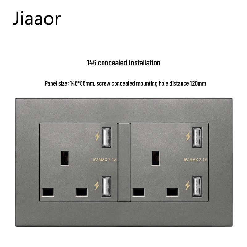 Grey British Standard Double Gang Switch Socket with USB & Type C - Hong Kong/Macau Compatible, Concealed 86 Type