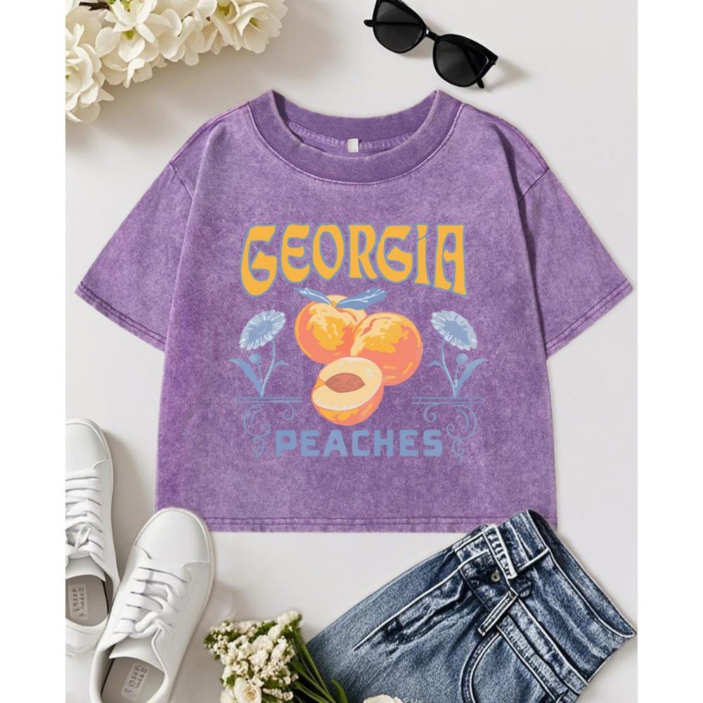 Georgia Yellow Peaches Creative Printing Washed Crop T Shirt Women Fitness Tops Slim Cotton Short Sleeve Soft T-Shirts