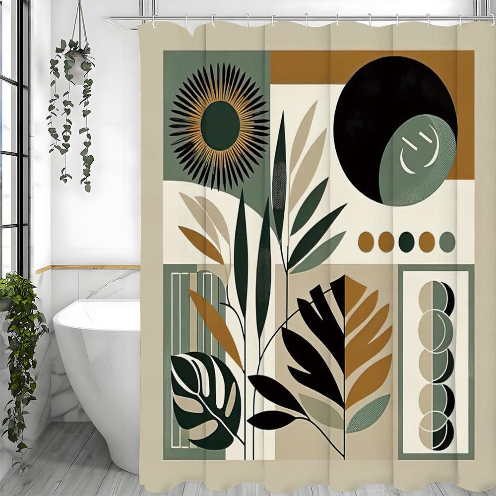 Modern Simple Leaf Sun Moon Phase Shower Curtain, Bathroom Decorative Shower Curtain, Waterproof Shower Curtain with Hooks
