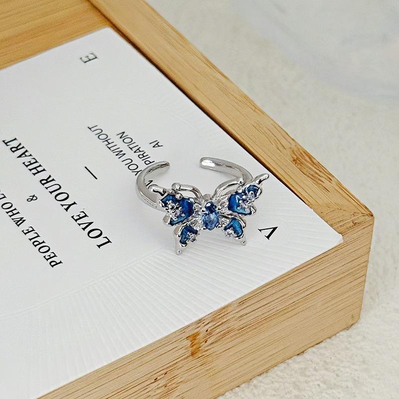 Light Luxury Full Diamond Sea Blue Zircon High-End Open Ring Gypsy Star Niche Design Butterfly Personalized Index Finger Ring Female