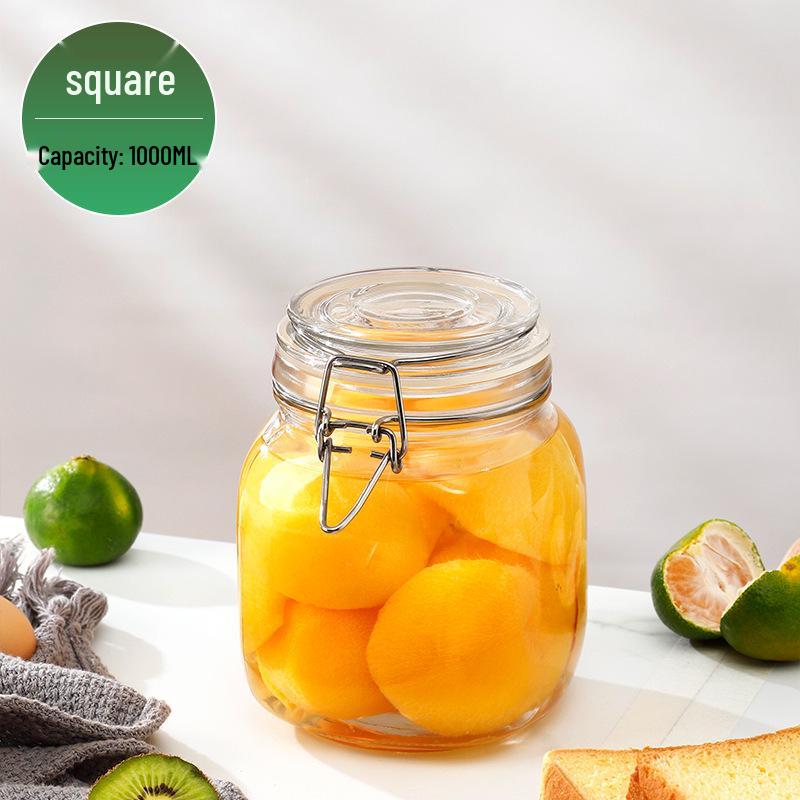 Glass Storage Jar with Transparent Buckle for Kitchen, Food-Grade Sealed Container for Grains