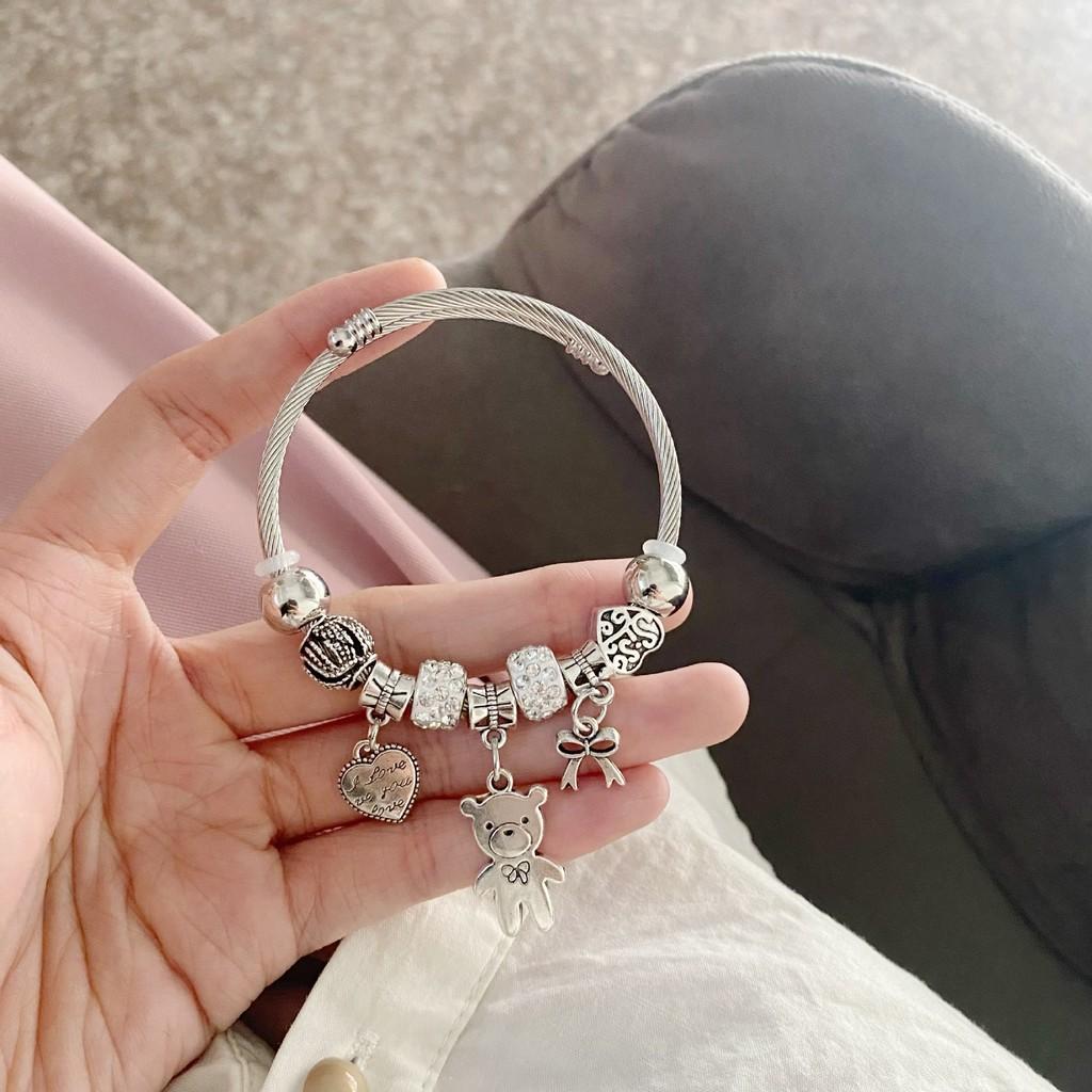 Stainless Steel Heart Bear Diy Charm Bracelet With Zirconia For Gift And Fashion Accessory