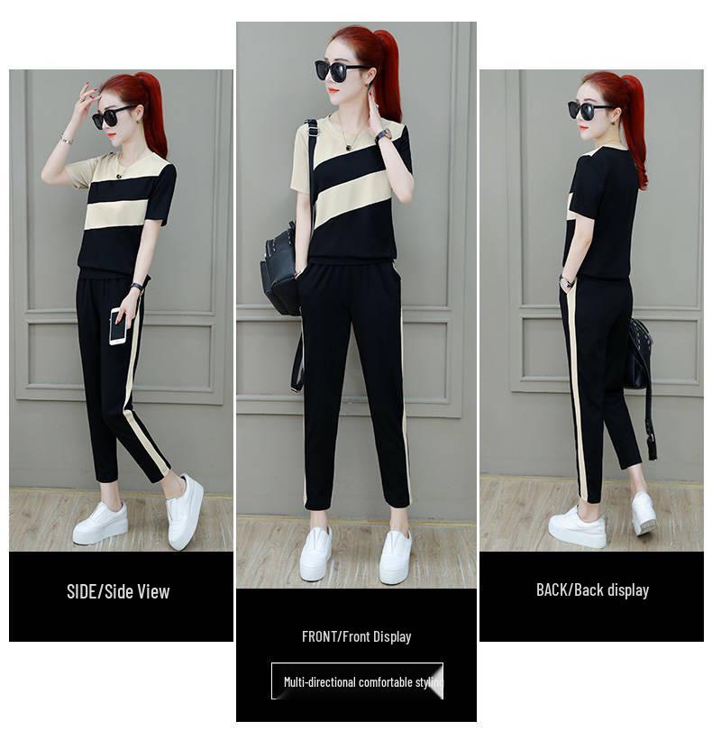 2026 Summer Women's Plus Size Korean Style Color Block Two-Piece Set: Short Sleeve T-shirt & Long Pants