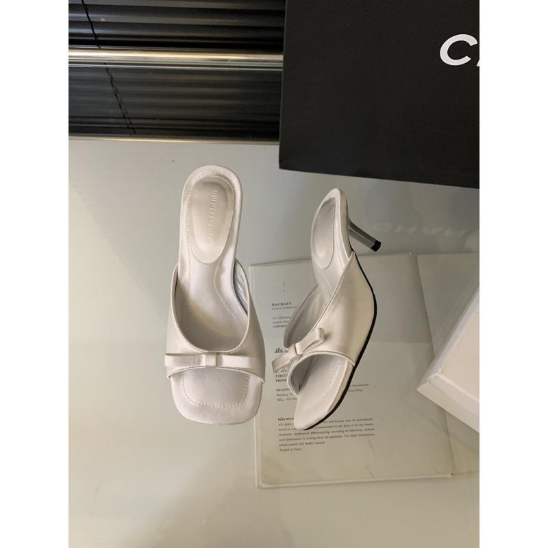 Spring and Autumn 2025 New French Bow Square Head Open Toe Fine Heel Cool Slippers Fairy Wind Wear