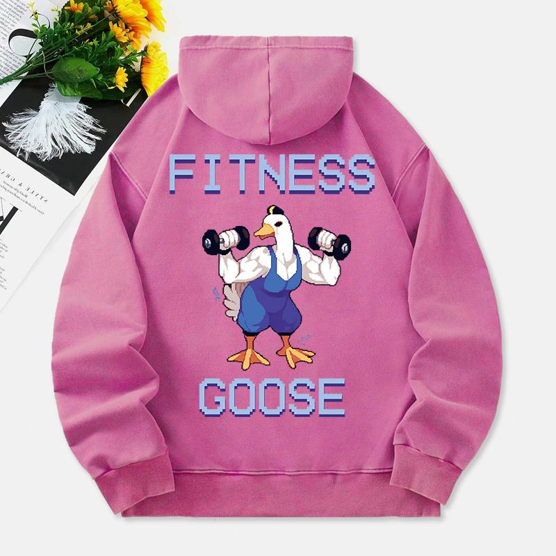 Fitness Goose Washed Hoodie Womens Cartoons Printing Cotton Pullover Comfortable Warm Oversized Hooded  Clothes