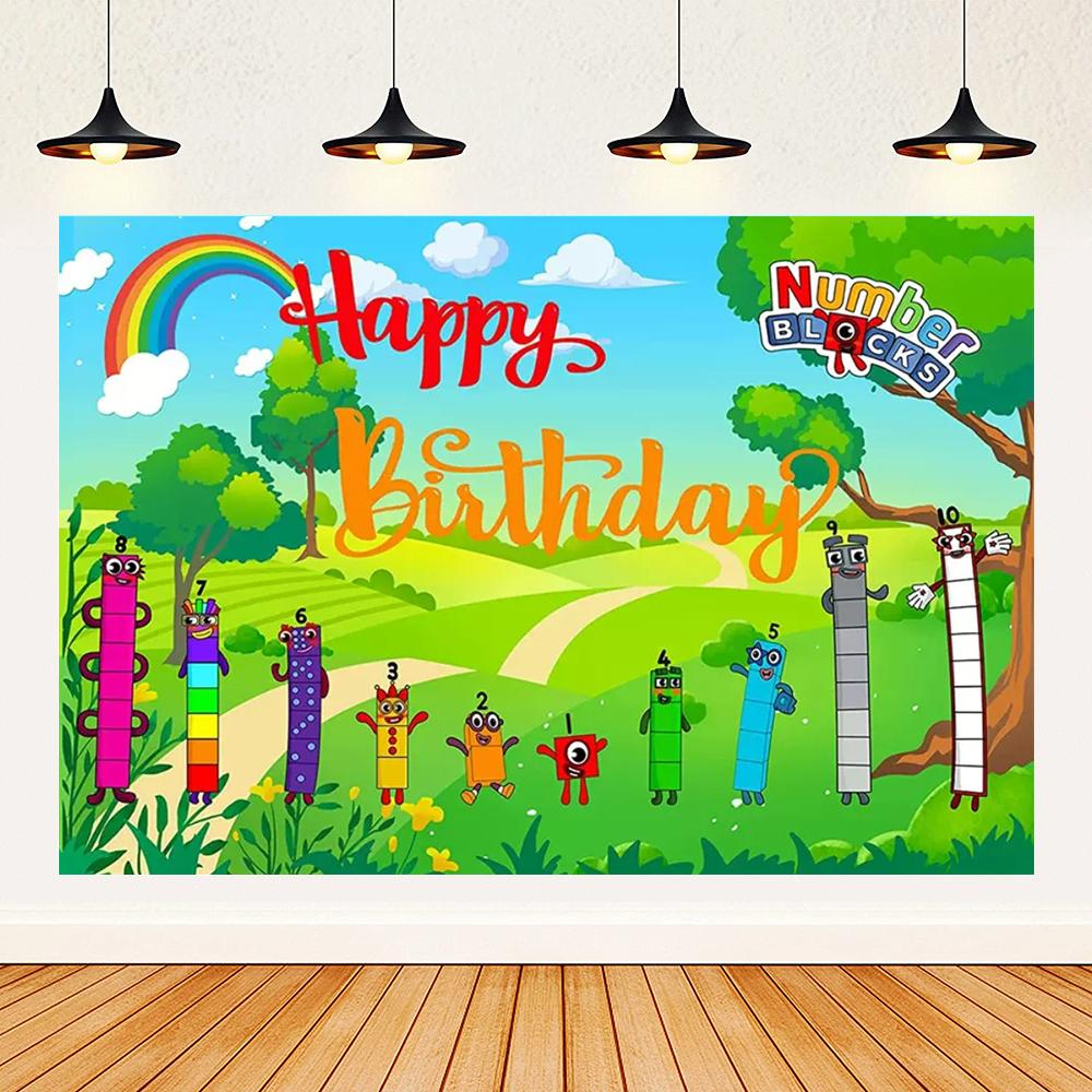 Cartoon Blocked Number Theme Birthday Party Decoration Building Background Plate Cup Balloon Backdrop Photography Prop Kid Gifts