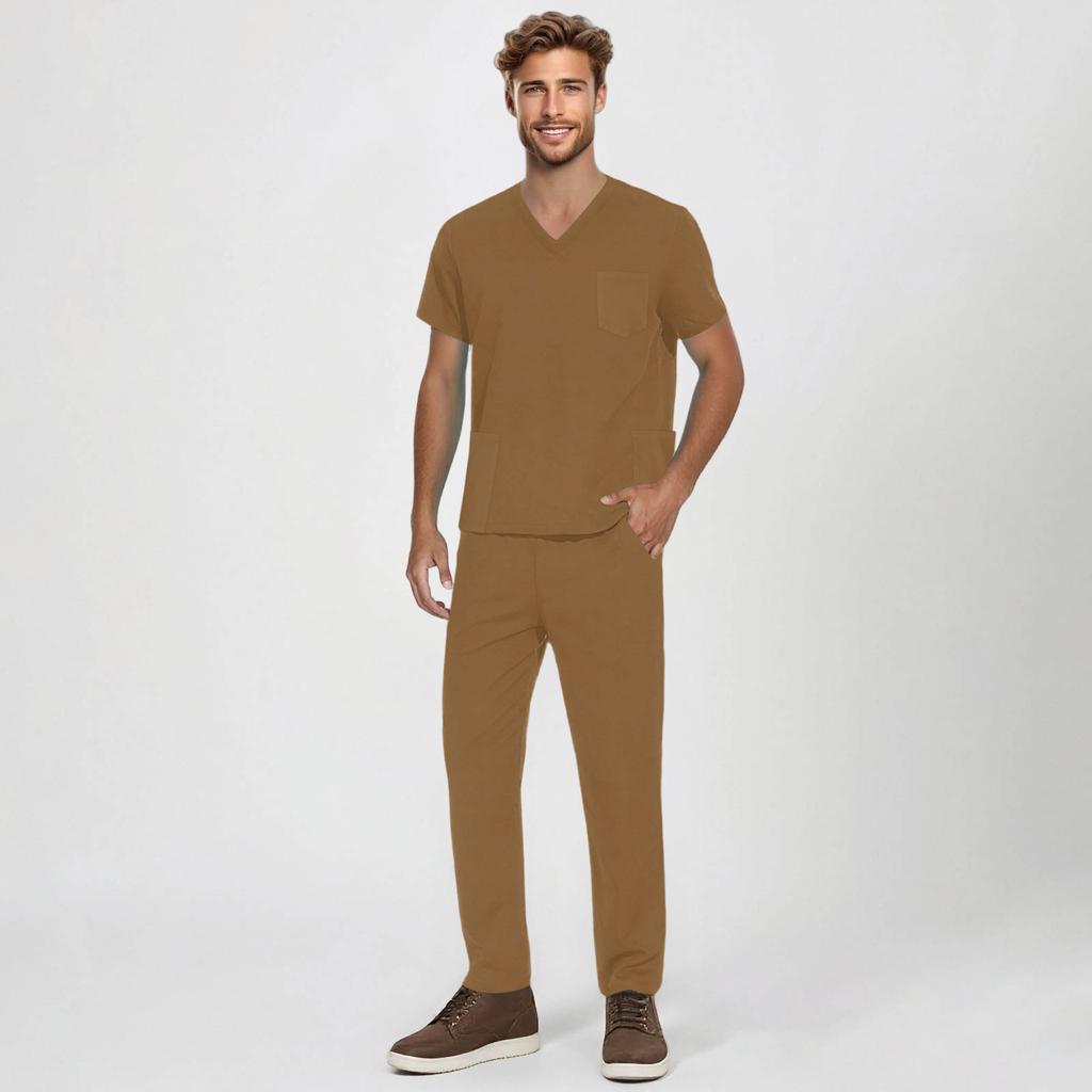 Men's Short-sleeved V-neck Solid Color Printed Breast Pocket Care Top Elastic Waist Trousers Two-piece Work Suit