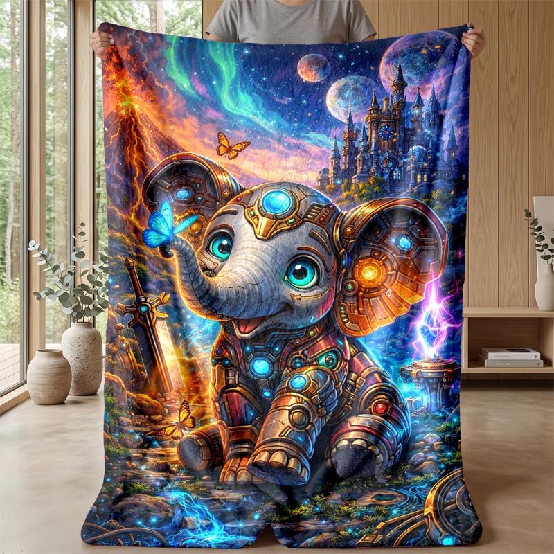 Mechanical Elephant Pair Theme Blanket Lightweight Warm Flannel Blanket Decorative Throw Blanket for Home Decoration