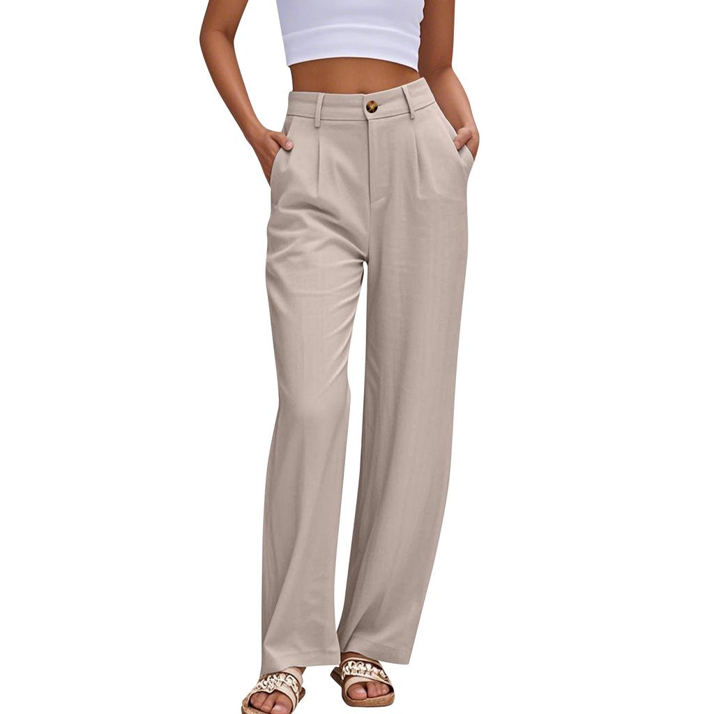 Women's Linen Casual High Waist Wide Leg Straight Dress Cotton Linen Pants Button Trousers