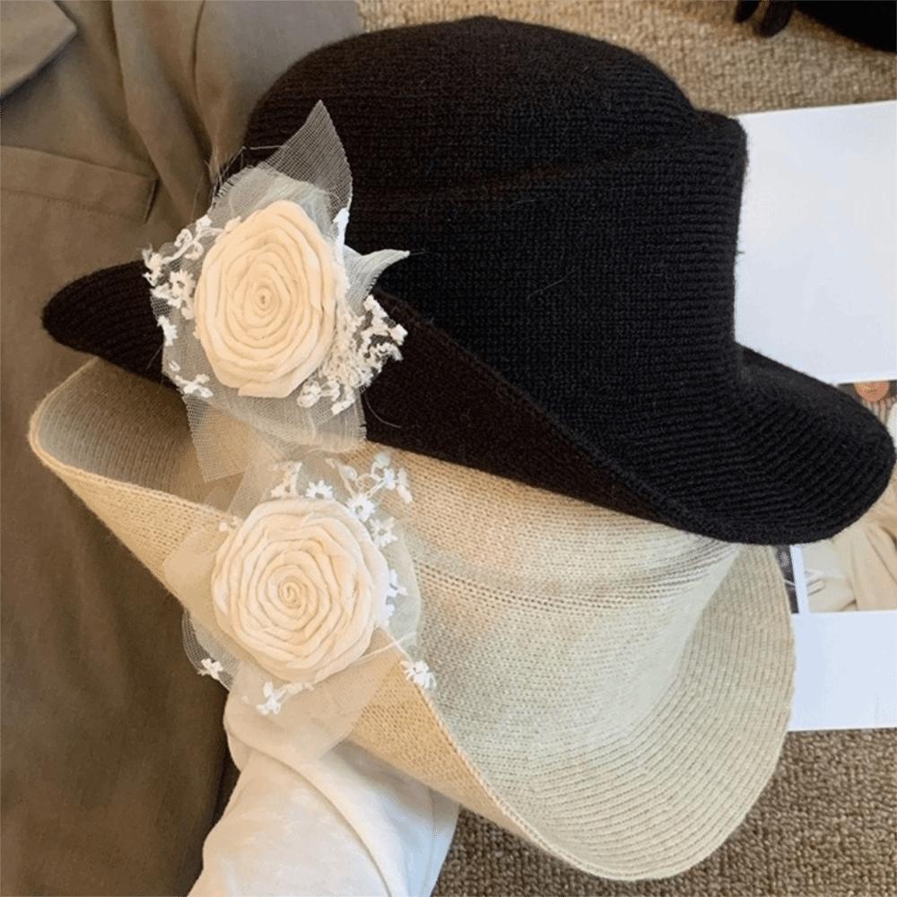 Floral Black Knitted Hat Lace Women Fisherman Hat Fashion Hepburn Style Topper Hat  Wedding