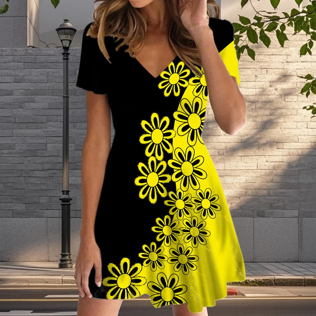 Summer Fashion Women's V Neck Short Sleeve Flower Printed  Dress Sex Short Skirt Dresses