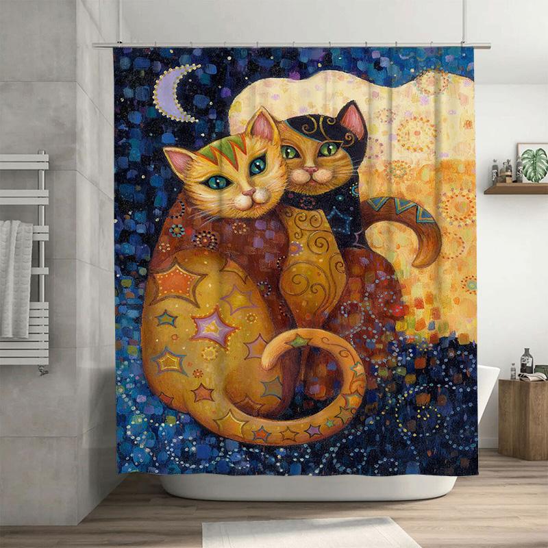 Colorful Night Cat Shower Curtain Home Decor for Bathroom Modern Artistic Print Fabric Water Repellent Liner Set Size 72x84inch