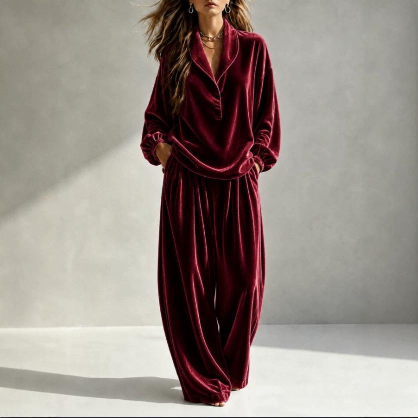 1116 European and American women's clothing autumn and winter new casual fashion velvet long-sleeved trousers lapel suit