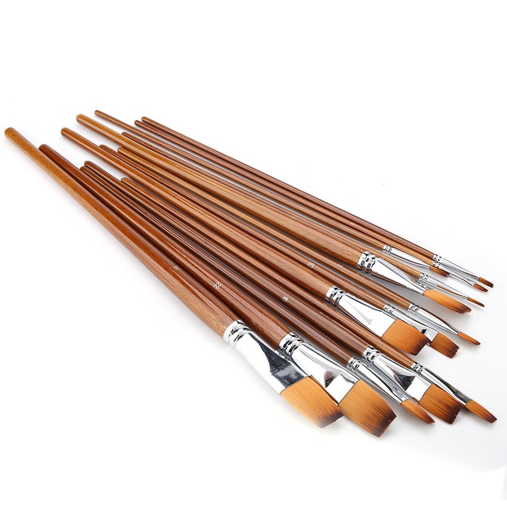 13Pcs Nylon Hair Watercolor Oil Painting Flat Brush Set Wooden Handle Professional Art Supplies
