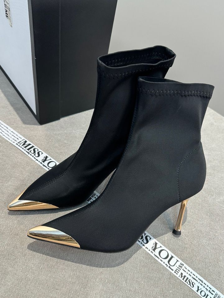 Metal pointed high-heeled elastic thin boots women's 2025 autumn new fashion versatile black temperament short boots stiletto
