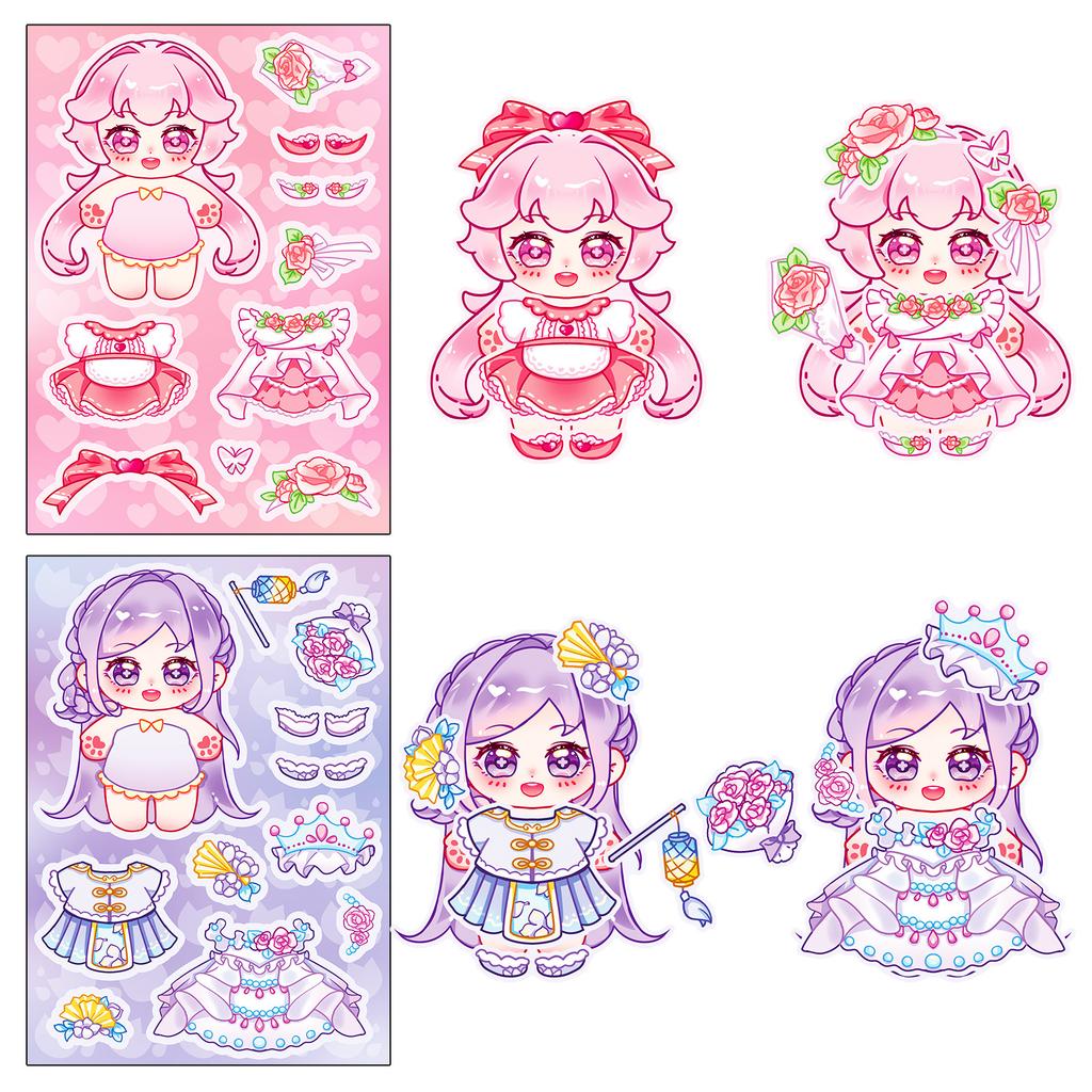 6-Pack Cotton Doll Cute Dress-Up Character Sticker Diy Handbook Notebook Decoration Cute Sticker