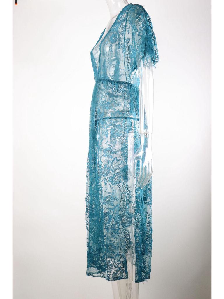 2023 European & American Sexy Lace Deep V Women’s Bodysuit with Side Opening and Long Robe