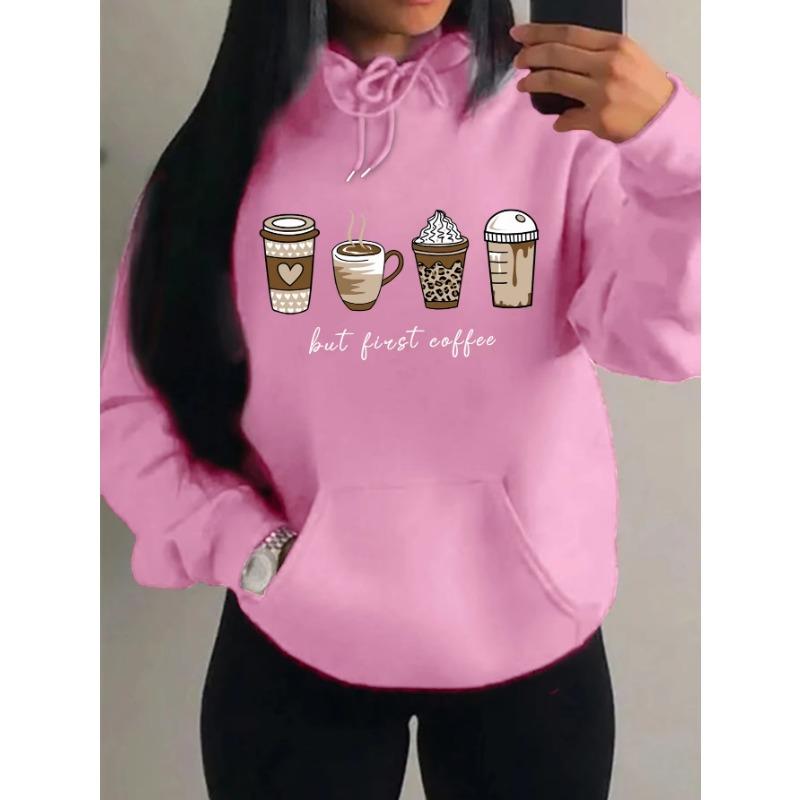 But First Coffee Cartoon Coffee Drink Pattern Hoodie Fashion Warm Casual Trendy Unisex Streetwear Pullover Sweatshirt Soft Fleece Material
