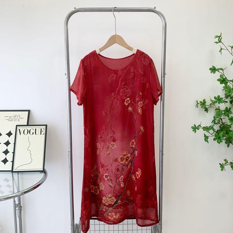 

2024 New Arrival Summer Chinese Style Traditional round Neck Dress Elegant Women s Middle-Aged and Elderly Dress Mother Dress Red Red XL
