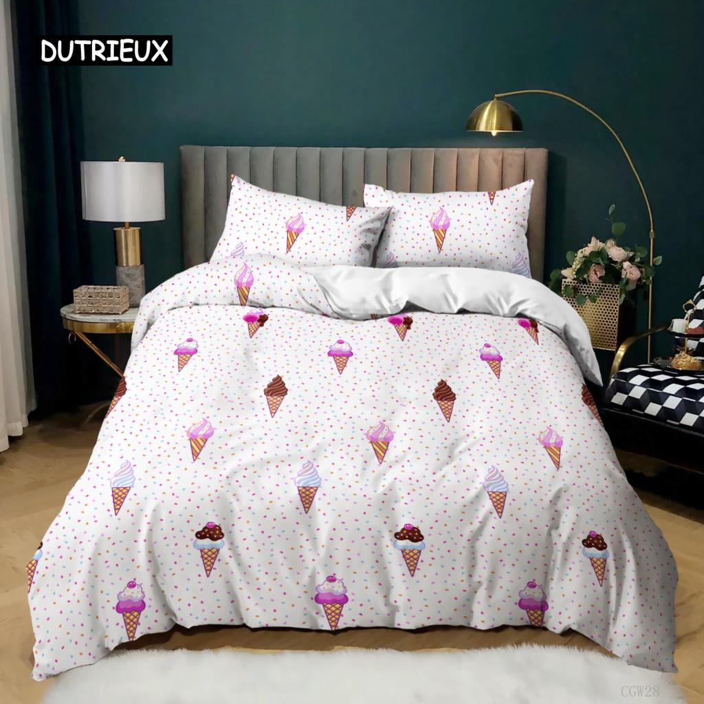Set Husă Duvet Înghețată Set de Lenjerie de Pat Colorat Înghețată Stil Dulce pentru Copii Fată Microfibră Vară Queen King Size Husă Plapumă