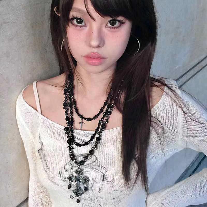 

Y2K Темная Яби Герл Многослойное Черное Ожерелье с Бусинами и Крестом Летучей Мыши - Сладкий, Крутой Аксессуар