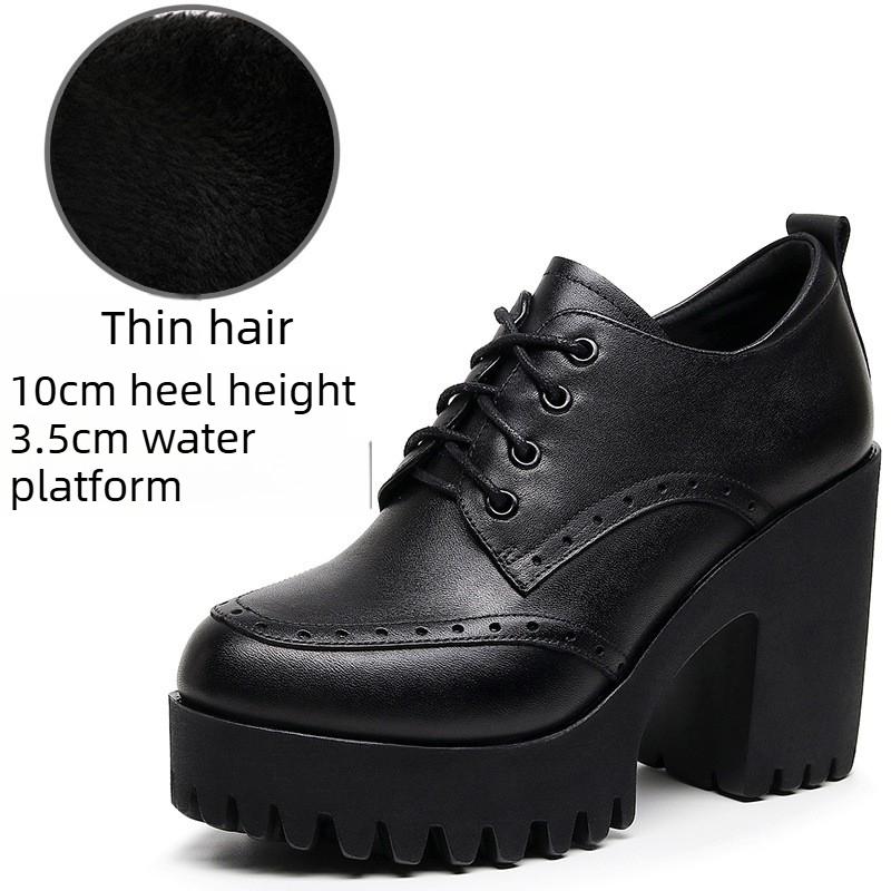 Brogue Damenschnürschuhe im britischen Stil aus Leder mit klobigen Absätzen, High Heels, wasserdichter Plateau-Sohle, runder Spitze, tiefem Ausschnitt