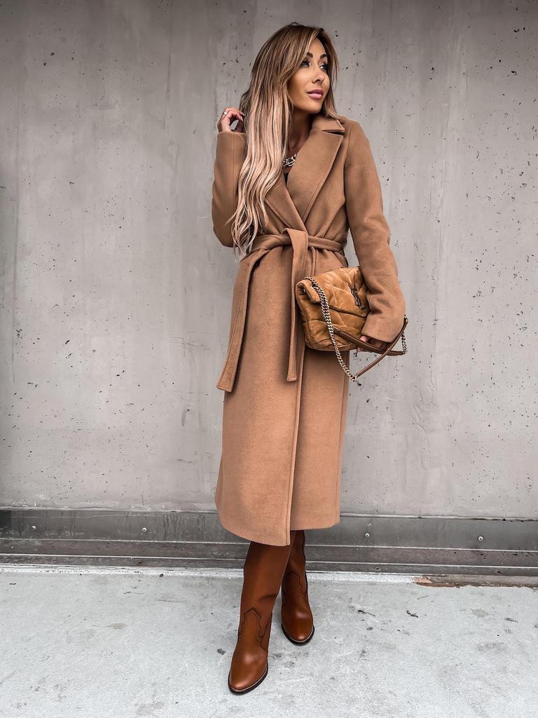 Women's Spring/Autumn Simple V-neck Wool Long Coat with Tie
