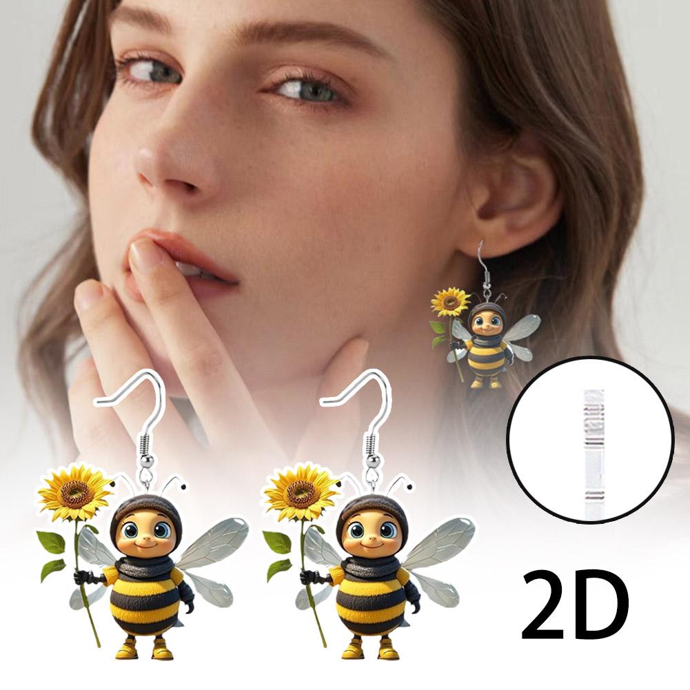 Cute Bee Dangle Earrings For Women Girls Acrylic Honey Bee With Sunflower Design Drop Earrings Halloween Christmas  Jewelry Gift
