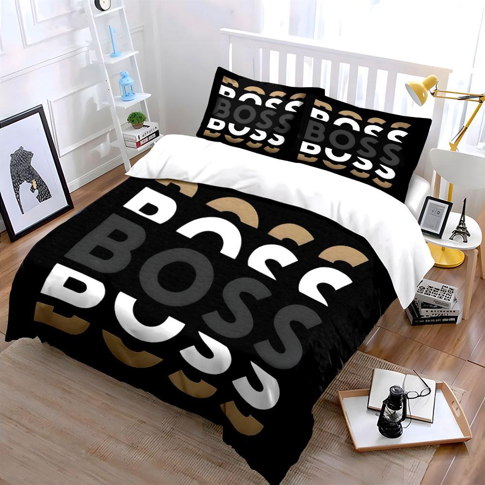 The pattern features "BOSS" text. Bedding sets Duvet cover sets Duvet covers Pillowcases(1 * Duvet Cover 2 * Pillowcases, without duvet insert)