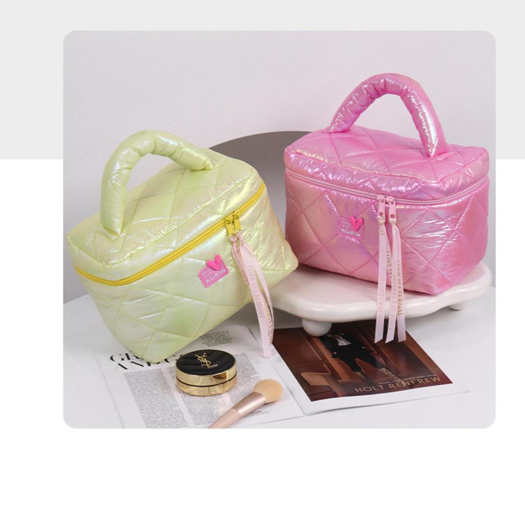 Glossy Waterproof Large Capacity Travel Storage Bag, Diamond Quilted Handheld Makeup Bag, Divided Waterproof Travel Wash Bag